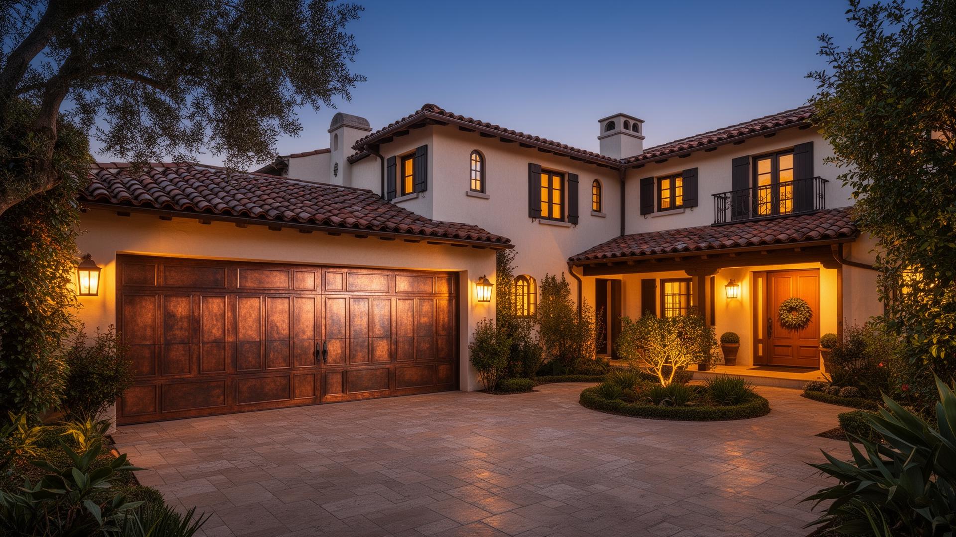 Luxury copper-clad garage doors on a Spanish revival home at dusk in Neotsu, Oregon